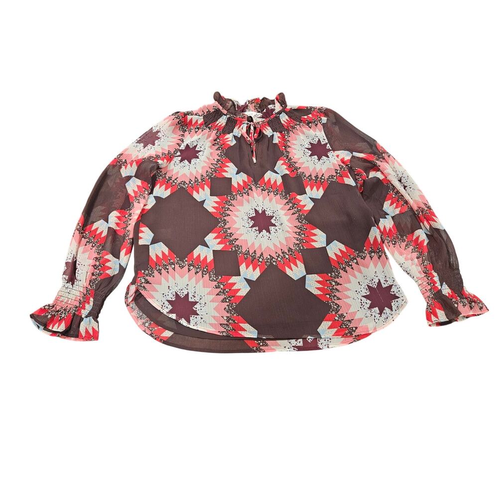 LOFT NWT Patchwork Boho Blouse Womens M Sheer Lined Ruched Sleeve Top